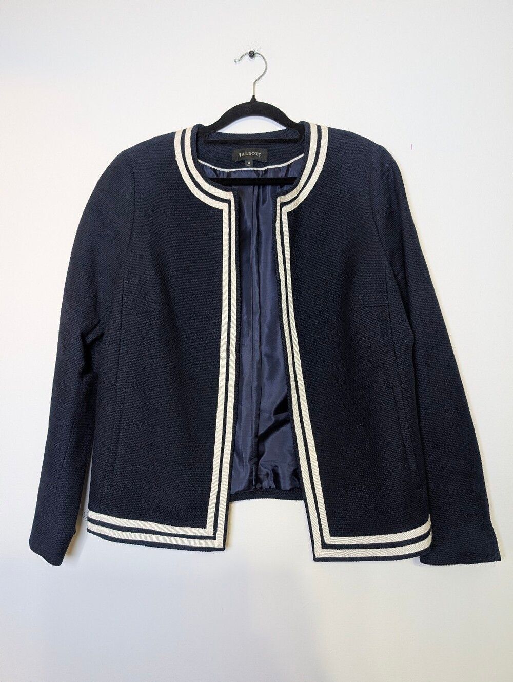 Talbots Navy Textured Trim Blazer Jacket Women’s Size 10 Preppy Coastal Workwear - Picture 2 of 6